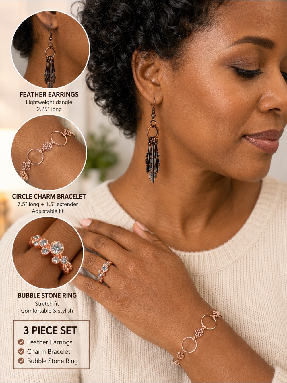 3-Piece Women Jewelry Set - Feather Earrings, Rose Gold Bracelet & Ring